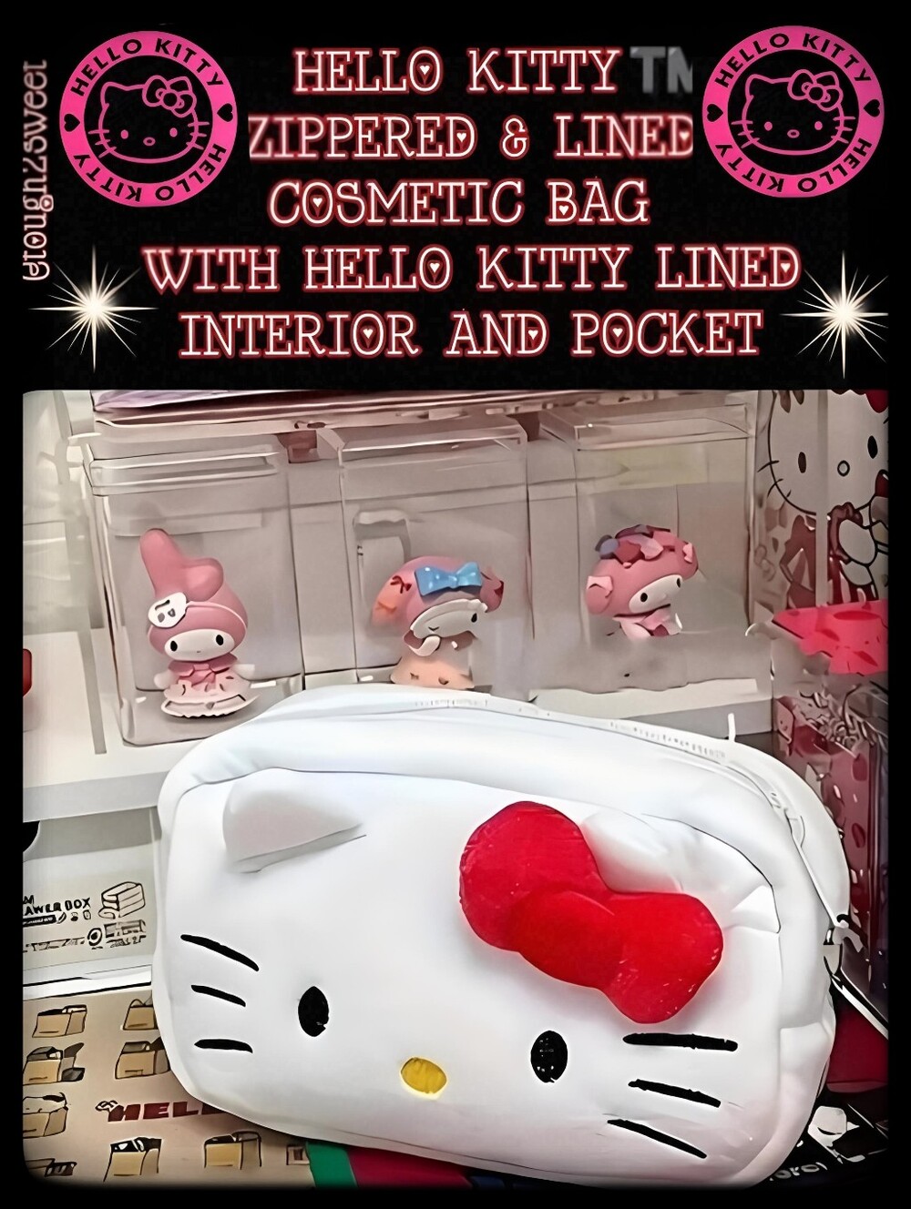 🆕️HELLO KITTY COSMETIC BAG LINED INTERIOR WITH HELLO KITTY FABRIC & POCKET